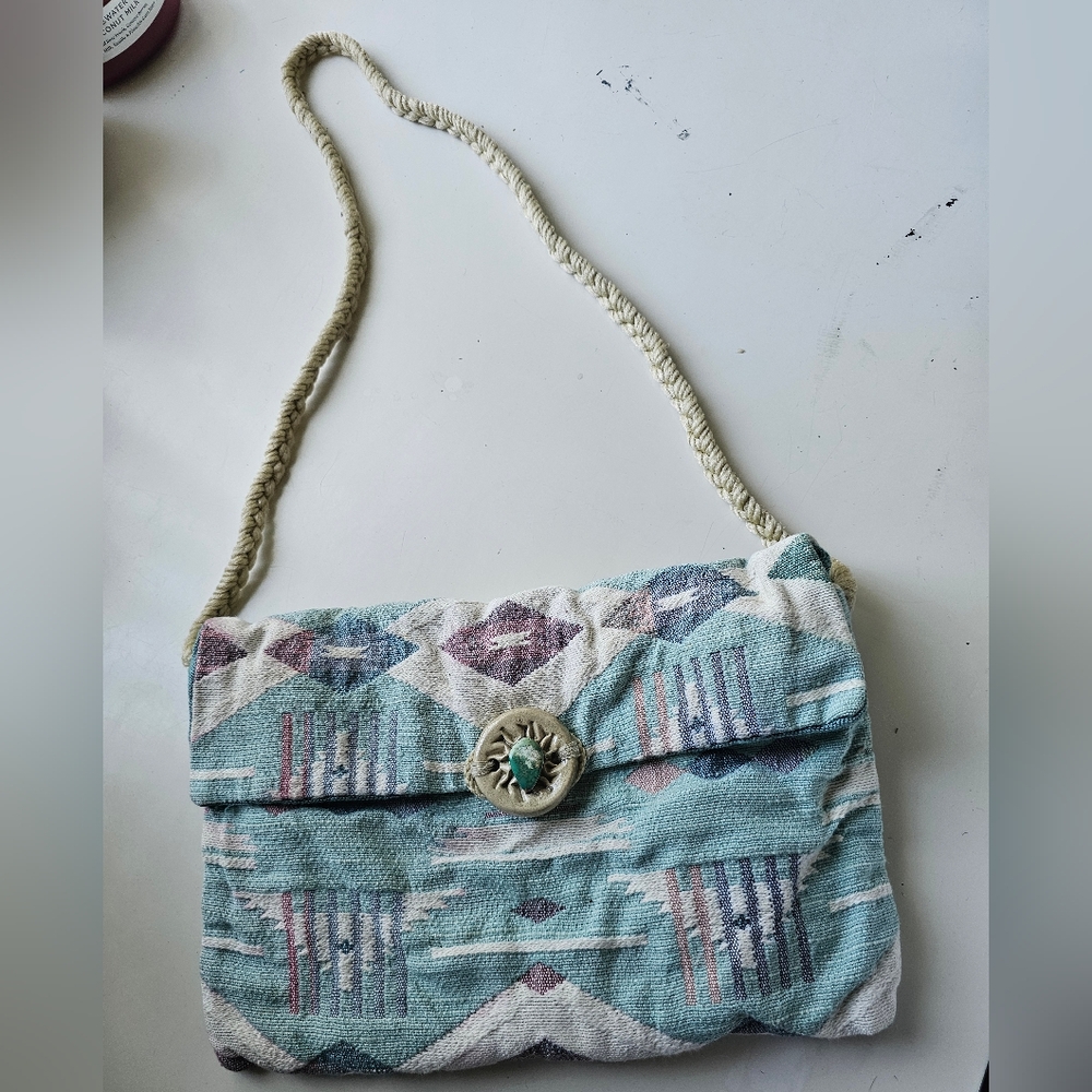 Boho Chic Woven Crossbody Bag in Blue and Cream